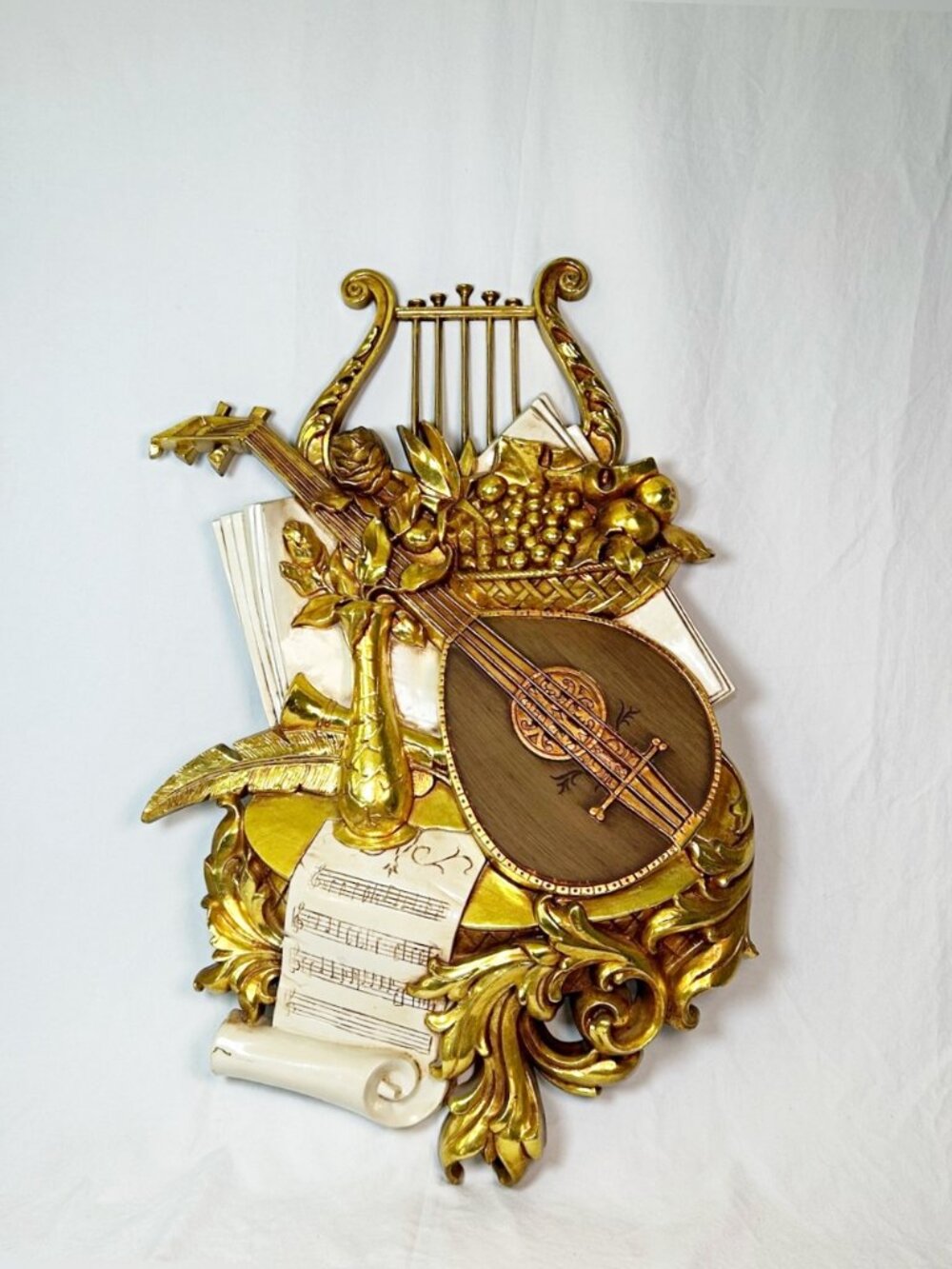 Vintage 1970s Large 30" Syroco Gold Musical Notes Banjo Fruit Basket Wall Plaque